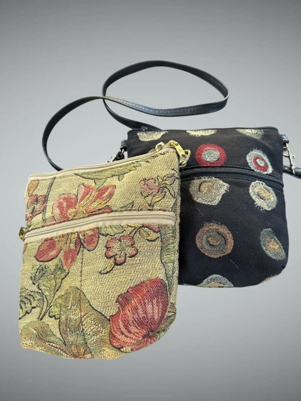 Small Tapestry Crossbody Bags Black Circular Design and Floral 1 Strap A Pair